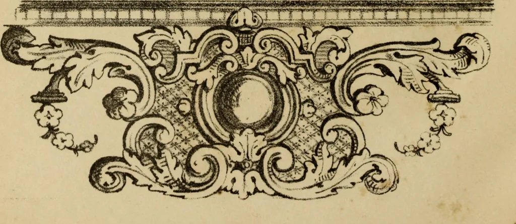 An illustration from Manuel général de l'ornement décoratif : étude encyclopédique sur le gout appliqué aux embellissements extérieurs et intérieurs aux tentures, a l'ameublement, aux vases, au costume, a la composition des jardins, etc., 1862, leaf 75