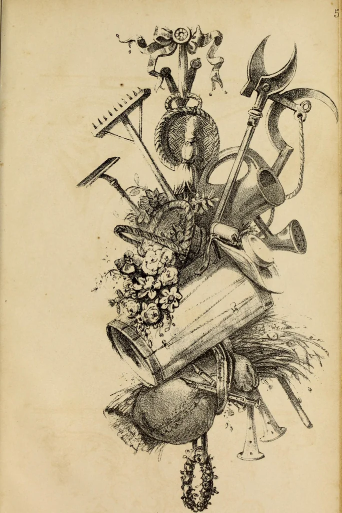 An illustration from Manuel général de l'ornement décoratif : étude encyclopédique sur le gout appliqué aux embellissements extérieurs et intérieurs aux tentures, a l'ameublement, aux vases, au costume, a la composition des jardins, etc., 1862, leaf 76