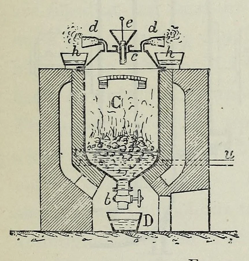 An illustration from The manufacture of alum and the sulphates and other salts of alumina and iron; their uses and applications as mordants in dyeing and calico printing, and their other applications in the arts, manufactures, sanitary engineering, agriculture, and horticulture, 1901, leaf 23