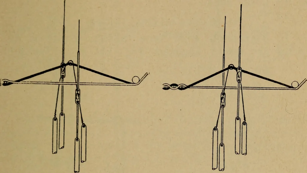 An illustration from Manufacture of narrow woven fabrics, ribbons, trimmings, edgings, etc., giving description of the various yarns used. The construction of weaves and novelties in fabric structures, also descriptive matter as to looms, etc, 1917, leaf 114