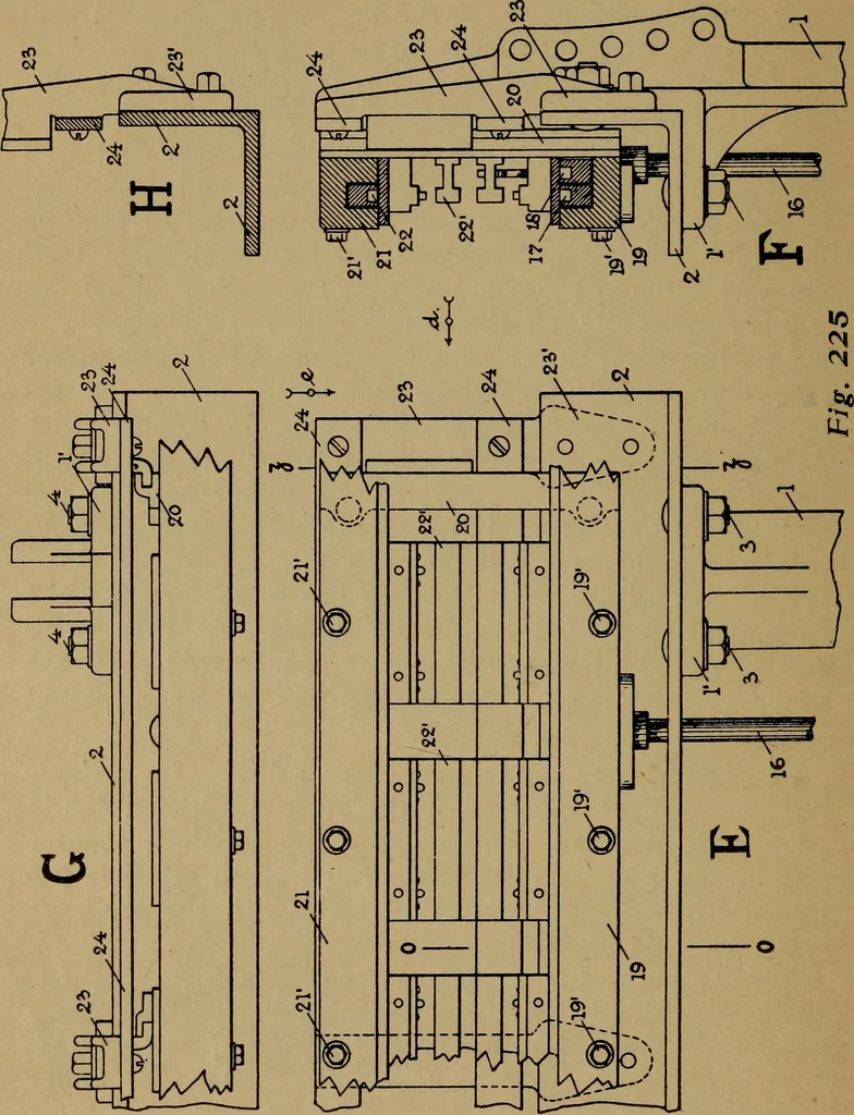 An illustration from Manufacture of narrow woven fabrics, ribbons, trimmings, edgings, etc., giving description of the various yarns used. The construction of weaves and novelties in fabric structures, also descriptive matter as to looms, etc, 1917, leaf 187