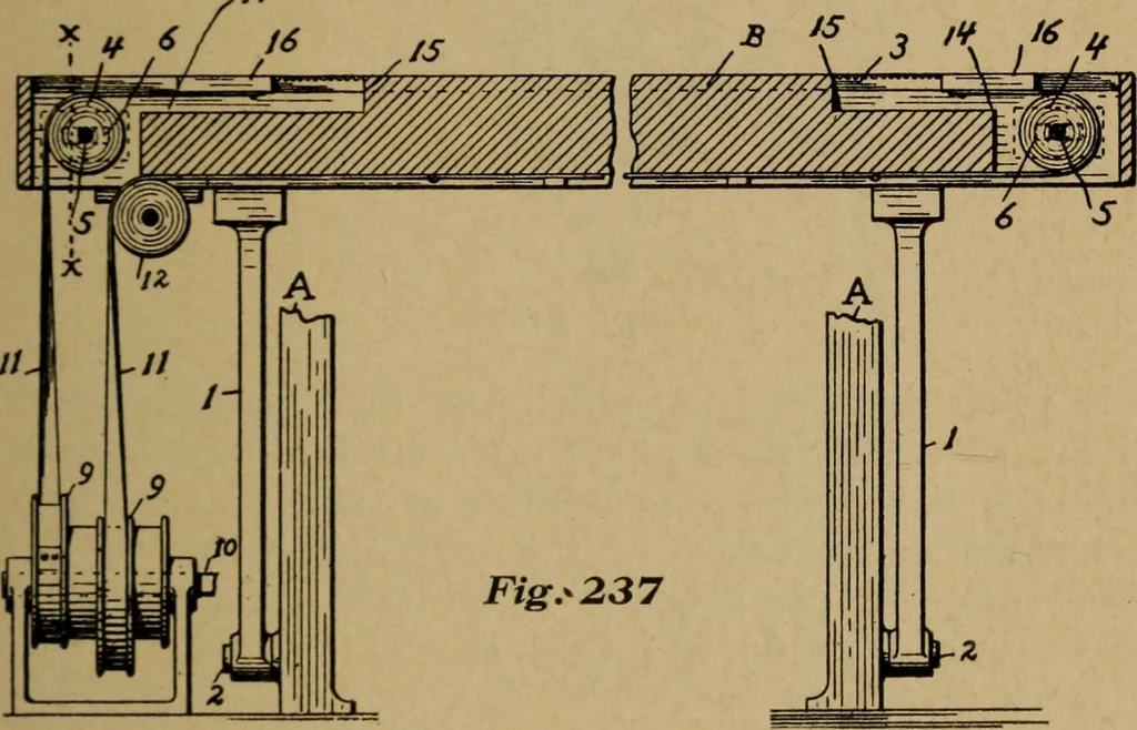 An illustration from Manufacture of narrow woven fabrics, ribbons, trimmings, edgings, etc., giving description of the various yarns used. The construction of weaves and novelties in fabric structures, also descriptive matter as to looms, etc, 1917, leaf 198