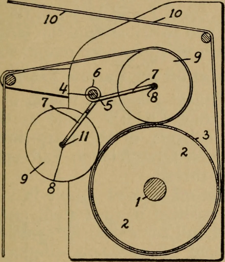 An illustration from Manufacture of narrow woven fabrics, ribbons, trimmings, edgings, etc., giving description of the various yarns used. The construction of weaves and novelties in fabric structures, also descriptive matter as to looms, etc, 1917, leaf 200