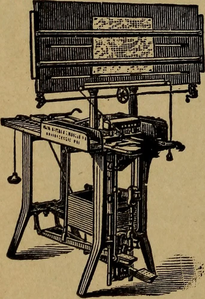 An illustration from Manufacture of narrow woven fabrics, ribbons, trimmings, edgings, etc., giving description of the various yarns used. The construction of weaves and novelties in fabric structures, also descriptive matter as to looms, etc, 1917, leaf 217