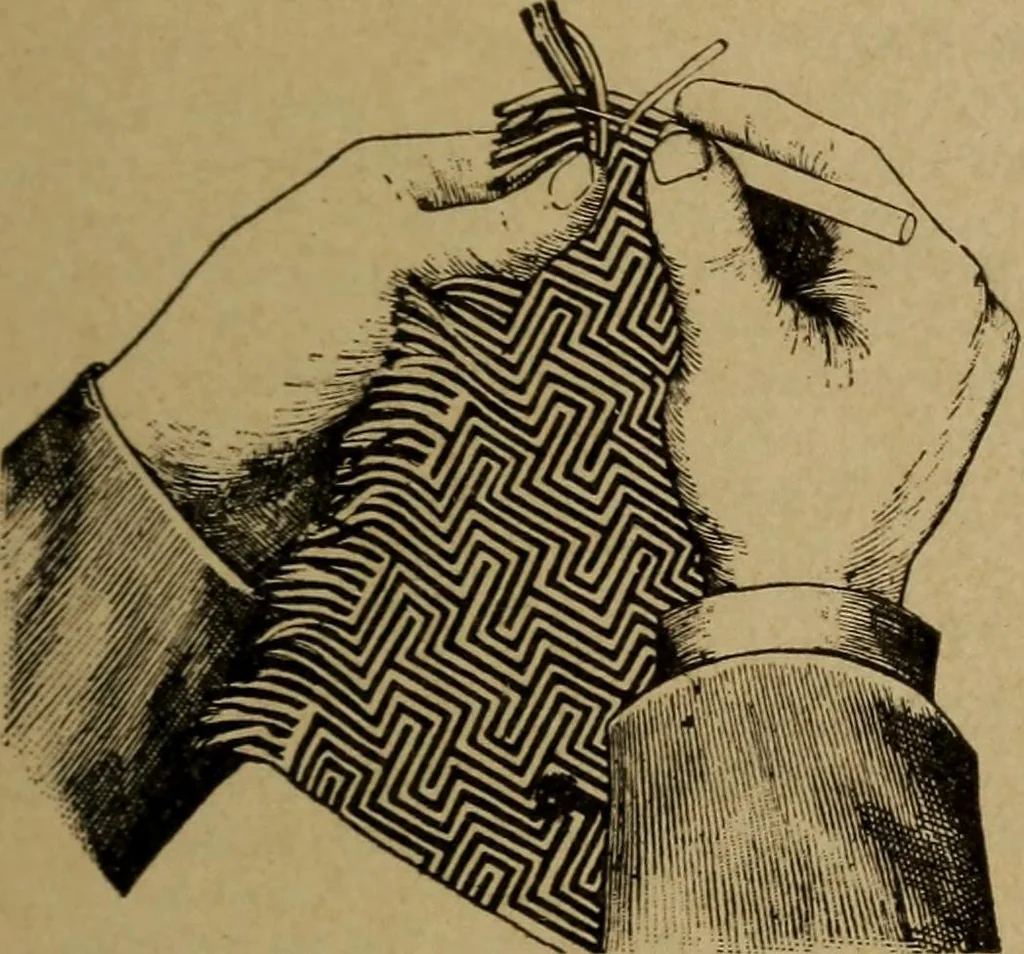 An illustration from Manufacture of narrow woven fabrics, ribbons, trimmings, edgings, etc., giving description of the various yarns used. The construction of weaves and novelties in fabric structures, also descriptive matter as to looms, etc, 1917, leaf 220