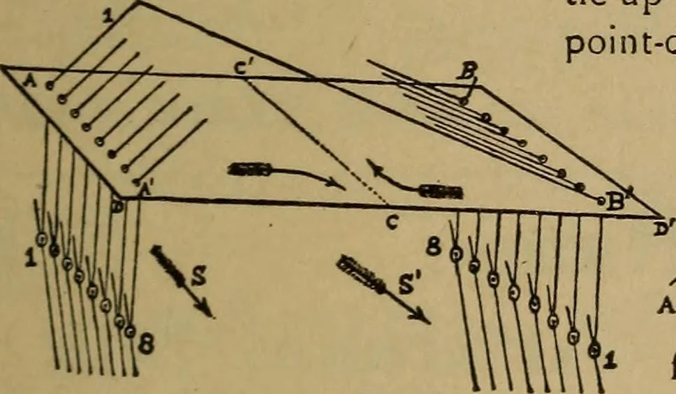 An illustration from Manufacture of narrow woven fabrics, ribbons, trimmings, edgings, etc., giving description of the various yarns used. The construction of weaves and novelties in fabric structures, also descriptive matter as to looms, etc, 1917, leaf 234