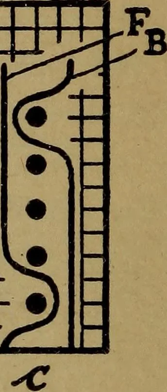 An illustration from Manufacture of narrow woven fabrics, ribbons, trimmings, edgings, etc., giving description of the various yarns used. The construction of weaves and novelties in fabric structures, also descriptive matter as to looms, etc, 1917, leaf 43