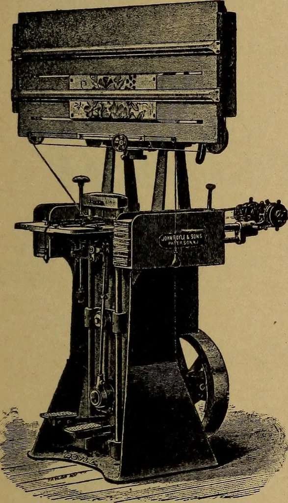An illustration from Manufacture of narrow woven fabrics, ribbons, trimmings, edgings, etc., giving description of the various yarns used. The construction of weaves and novelties in fabric structures, also descriptive matter as to looms, etc, 1917, leaf 8