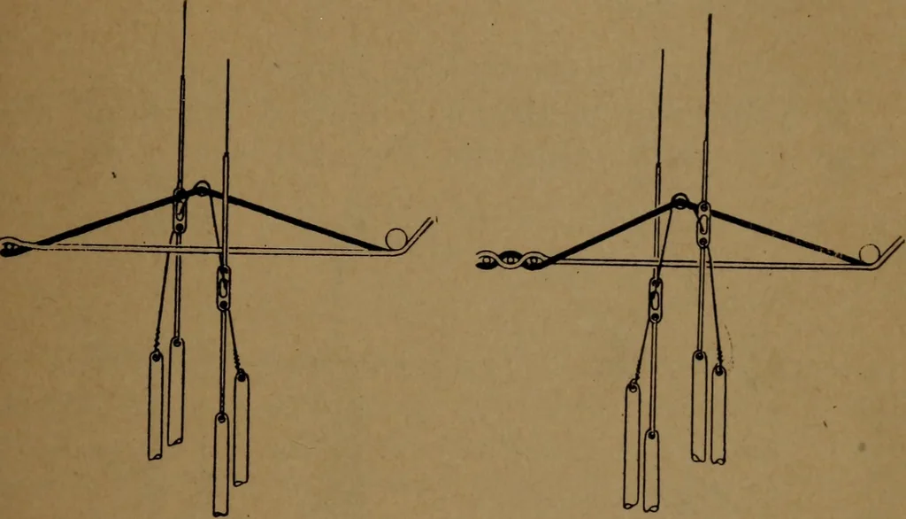 An illustration from Manufacture of narrow woven fabrics, ribbons, trimmings, edgings, etc., giving description of the various yarns used. The construction of weaves and novelties in fabric structures, also descriptive matter as to looms, etc, 1917, leaf 110