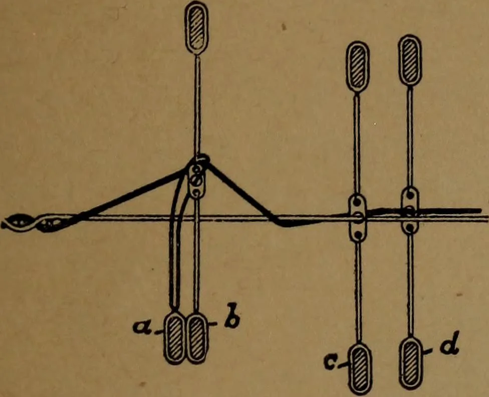 An illustration from Manufacture of narrow woven fabrics, ribbons, trimmings, edgings, etc., giving description of the various yarns used. The construction of weaves and novelties in fabric structures, also descriptive matter as to looms, etc, 1917, leaf 112