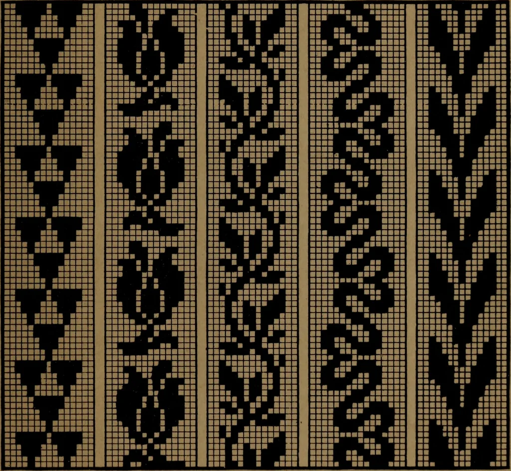 An illustration from Manufacture of narrow woven fabrics, ribbons, trimmings, edgings, etc., giving description of the various yarns used. The construction of weaves and novelties in fabric structures, also descriptive matter as to looms, etc, 1917, leaf 156