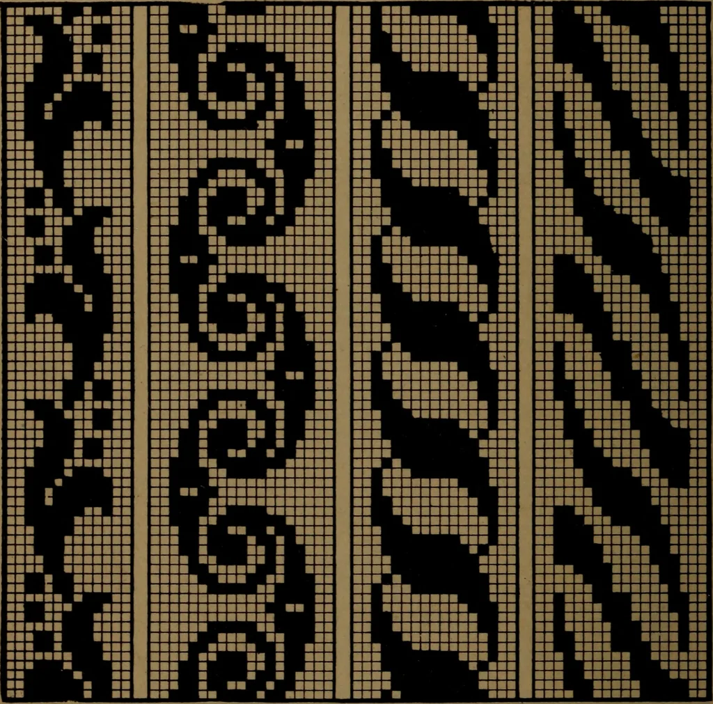 An illustration from Manufacture of narrow woven fabrics, ribbons, trimmings, edgings, etc., giving description of the various yarns used. The construction of weaves and novelties in fabric structures, also descriptive matter as to looms, etc, 1917, leaf 157