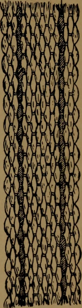 An illustration from Manufacture of narrow woven fabrics, ribbons, trimmings, edgings, etc., giving description of the various yarns used. The construction of weaves and novelties in fabric structures, also descriptive matter as to looms, etc, 1917, leaf 166