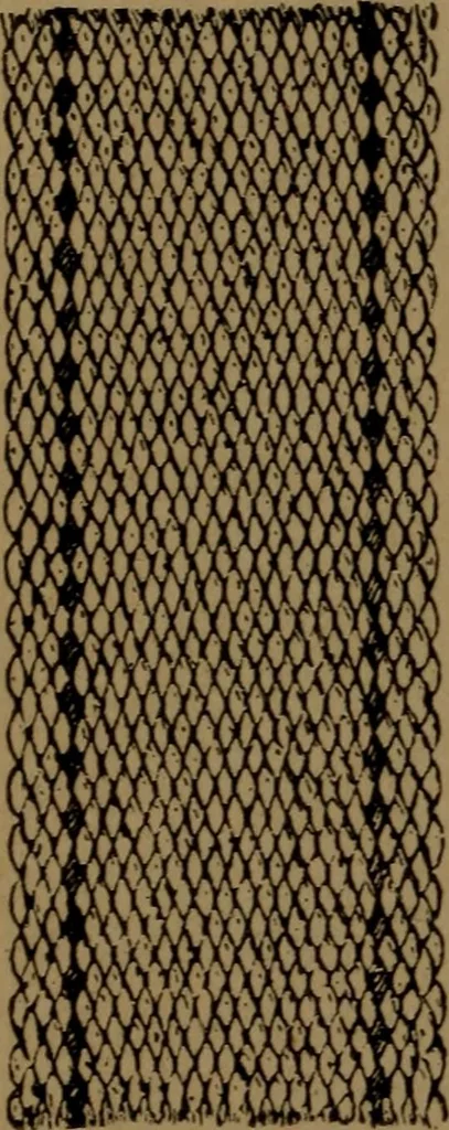 An illustration from Manufacture of narrow woven fabrics, ribbons, trimmings, edgings, etc., giving description of the various yarns used. The construction of weaves and novelties in fabric structures, also descriptive matter as to looms, etc, 1917, leaf 171