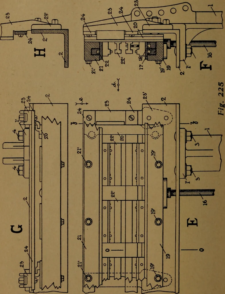 An illustration from Manufacture of narrow woven fabrics, ribbons, trimmings, edgings, etc., giving description of the various yarns used. The construction of weaves and novelties in fabric structures, also descriptive matter as to looms, etc, 1917, leaf 183