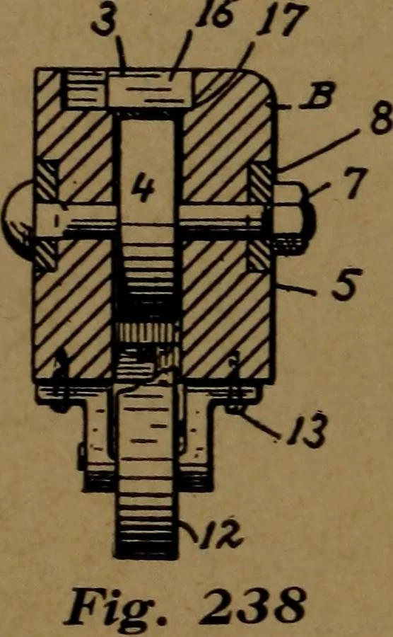 An illustration from Manufacture of narrow woven fabrics, ribbons, trimmings, edgings, etc., giving description of the various yarns used. The construction of weaves and novelties in fabric structures, also descriptive matter as to looms, etc, 1917, leaf 195