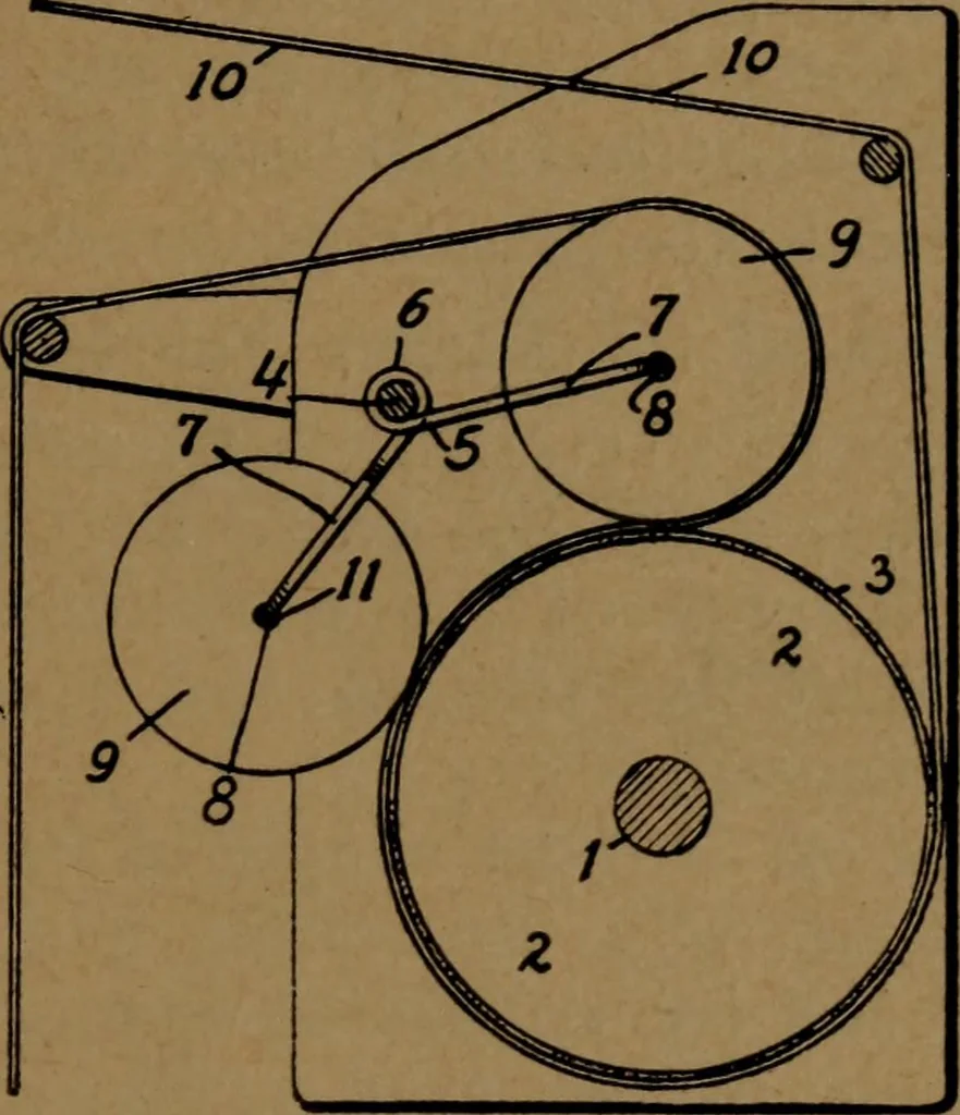 An illustration from Manufacture of narrow woven fabrics, ribbons, trimmings, edgings, etc., giving description of the various yarns used. The construction of weaves and novelties in fabric structures, also descriptive matter as to looms, etc, 1917, leaf 196