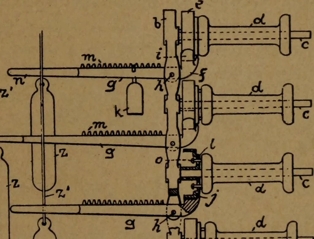 An illustration from Manufacture of narrow woven fabrics, ribbons, trimmings, edgings, etc., giving description of the various yarns used. The construction of weaves and novelties in fabric structures, also descriptive matter as to looms, etc, 1917, leaf 200