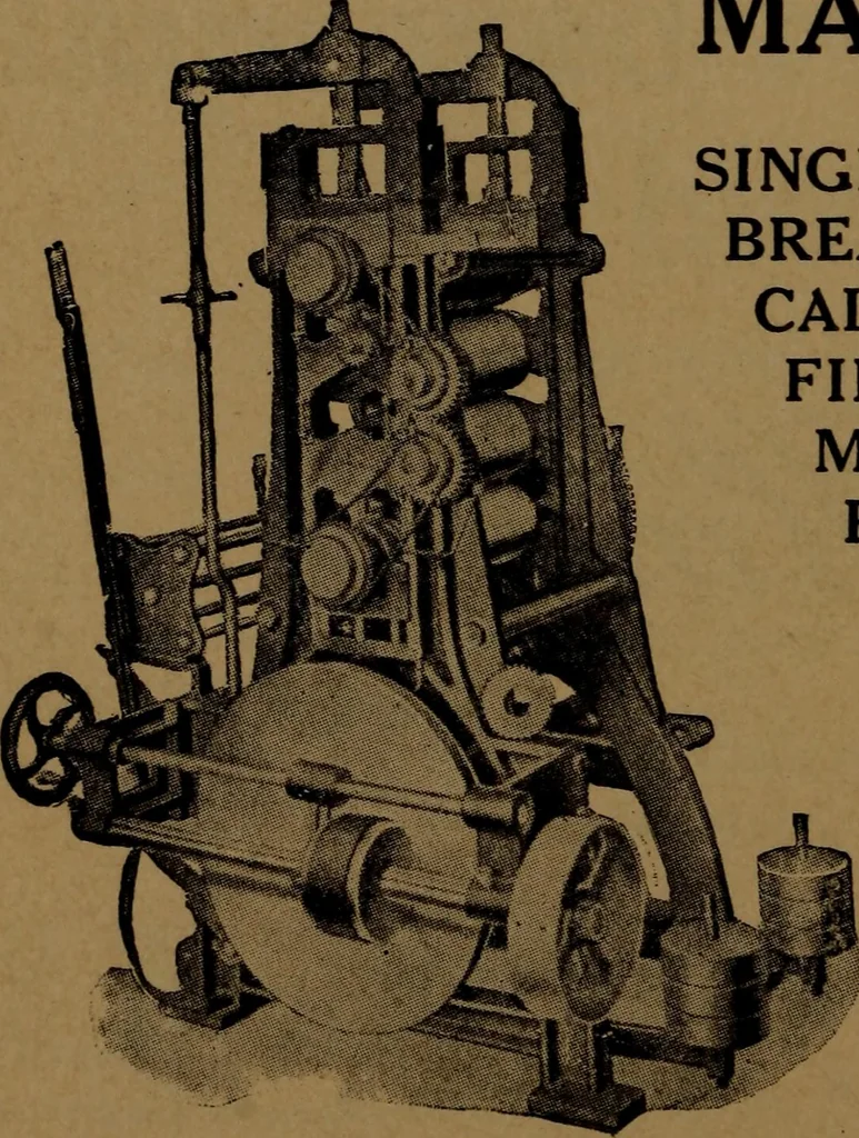 An illustration from Manufacture of narrow woven fabrics, ribbons, trimmings, edgings, etc., giving description of the various yarns used. The construction of weaves and novelties in fabric structures, also descriptive matter as to looms, etc, 1917, leaf 211