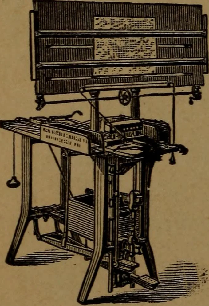 An illustration from Manufacture of narrow woven fabrics, ribbons, trimmings, edgings, etc., giving description of the various yarns used. The construction of weaves and novelties in fabric structures, also descriptive matter as to looms, etc, 1917, leaf 213