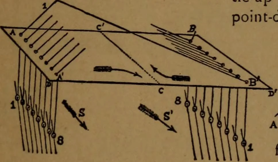 An illustration from Manufacture of narrow woven fabrics, ribbons, trimmings, edgings, etc., giving description of the various yarns used. The construction of weaves and novelties in fabric structures, also descriptive matter as to looms, etc, 1917, leaf 230