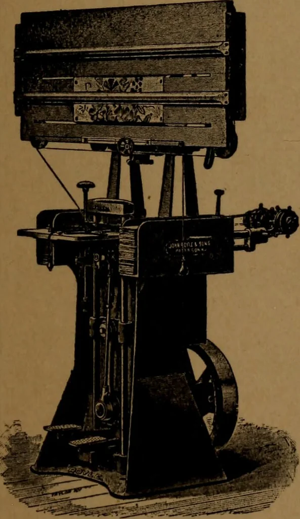 An illustration from Manufacture of narrow woven fabrics, ribbons, trimmings, edgings, etc., giving description of the various yarns used. The construction of weaves and novelties in fabric structures, also descriptive matter as to looms, etc, 1917, leaf 4