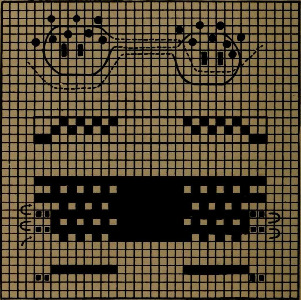 An illustration from Manufacture of narrow woven fabrics, ribbons, trimmings, edgings, etc., giving description of the various yarns used. The construction of weaves and novelties in fabric structures, also descriptive matter as to looms, etc, 1917, leaf 57