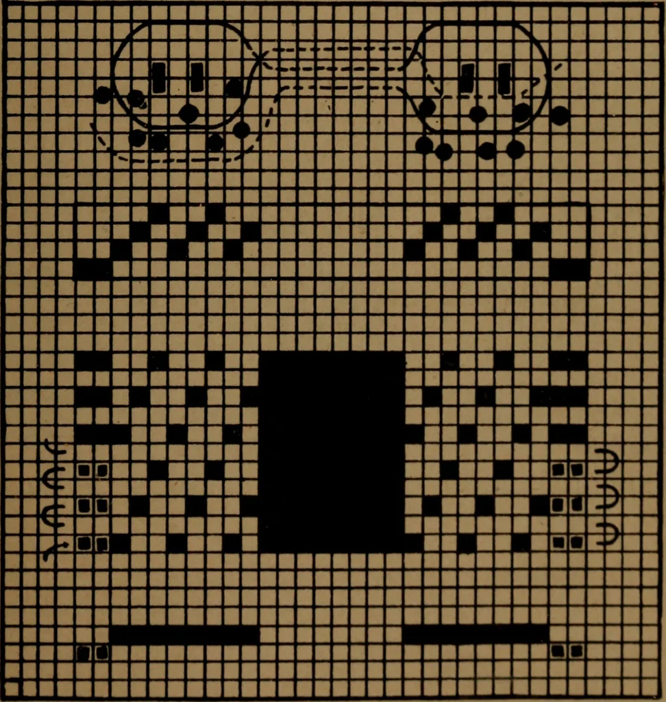 An illustration from Manufacture of narrow woven fabrics, ribbons, trimmings, edgings, etc., giving description of the various yarns used. The construction of weaves and novelties in fabric structures, also descriptive matter as to looms, etc, 1917, leaf 58
