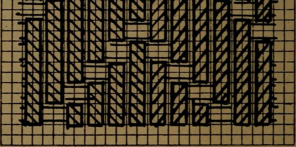 An illustration from Manufacture of narrow woven fabrics, ribbons, trimmings, edgings, etc., giving description of the various yarns used. The construction of weaves and novelties in fabric structures, also descriptive matter as to looms, etc, 1917, leaf 93