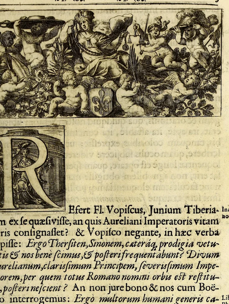 An illustration from Marci Velseri, Matthaei F. Ant. N. Reip. Augustanae quondam duumviri, Opera historica et philologica, sacra et profana. : In quibus historia boica, res Augustinae, conversio & passio SS. martyrum, Afrae, Hilariae, Dignae, Eunomiae, Eutropiae, vitae S. Udalrici, & S. Severini, narratio eorum, quae contigerunt Apollonio Tyrio, tabulae Peutingerianae integrae, epistolae ad viros illustres Latinae Italicaeque, & proteus satyra continentur., 1682, leaf 25