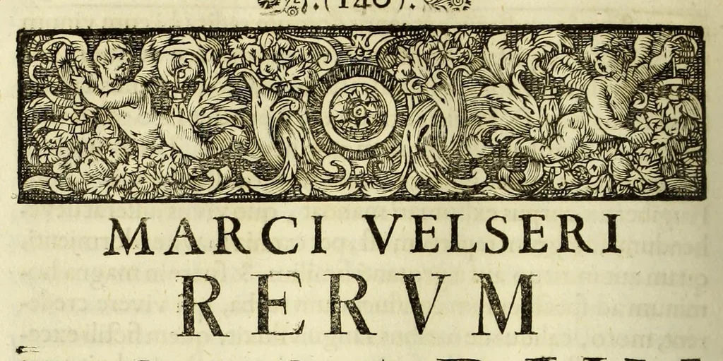 An illustration from Marci Velseri, Matthaei F. Ant. N. Reip. Augustanae quondam duumviri, Opera historica et philologica, sacra et profana. : In quibus historia boica, res Augustinae, conversio & passio SS. martyrum, Afrae, Hilariae, Dignae, Eunomiae, Eutropiae, vitae S. Udalrici, & S. Severini, narratio eorum, quae contigerunt Apollonio Tyrio, tabulae Peutingerianae integrae, epistolae ad viros illustres Latinae Italicaeque, & proteus satyra continentur., 1682, leaf 274