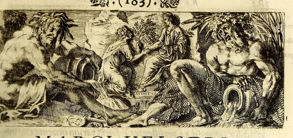 An illustration from Marci Velseri, Matthaei F. Ant. N. Reip. Augustanae quondam duumviri, Opera historica et philologica, sacra et profana. : In quibus historia boica, res Augustinae, conversio & passio SS. martyrum, Afrae, Hilariae, Dignae, Eunomiae, Eutropiae, vitae S. Udalrici, & S. Severini, narratio eorum, quae contigerunt Apollonio Tyrio, tabulae Peutingerianae integrae, epistolae ad viros illustres Latinae Italicaeque, & proteus satyra continentur., 1682, leaf 317