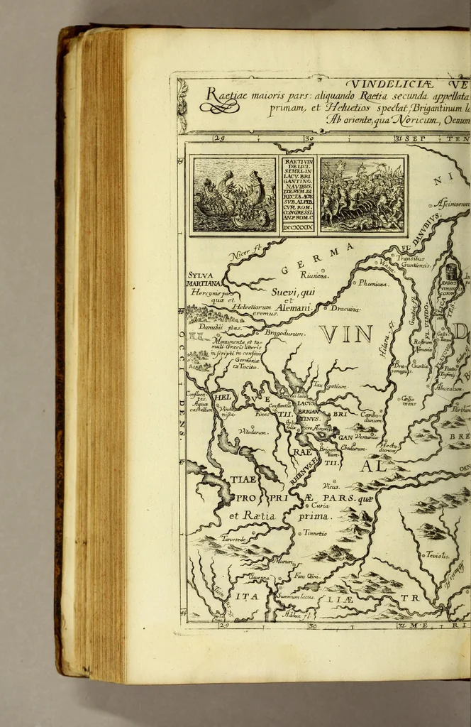 An illustration from Marci Velseri, Matthaei F. Ant. N. Reip. Augustanae quondam duumviri, Opera historica et philologica, sacra et profana. : In quibus historia boica, res Augustinae, conversio & passio SS. martyrum, Afrae, Hilariae, Dignae, Eunomiae, Eutropiae, vitae S. Udalrici, & S. Severini, narratio eorum, quae contigerunt Apollonio Tyrio, tabulae Peutingerianae integrae, epistolae ad viros illustres Latinae Italicaeque, & proteus satyra continentur., 1682, leaf 332