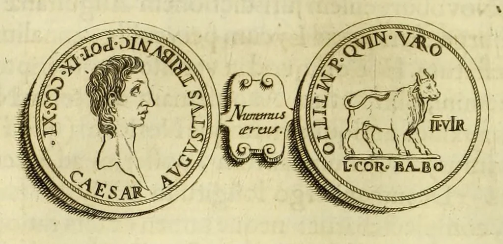 An illustration from Marci Velseri, Matthaei F. Ant. N. Reip. Augustanae quondam duumviri, Opera historica et philologica, sacra et profana. : In quibus historia boica, res Augustinae, conversio & passio SS. martyrum, Afrae, Hilariae, Dignae, Eunomiae, Eutropiae, vitae S. Udalrici, & S. Severini, narratio eorum, quae contigerunt Apollonio Tyrio, tabulae Peutingerianae integrae, epistolae ad viros illustres Latinae Italicaeque, & proteus satyra continentur., 1682, leaf 374