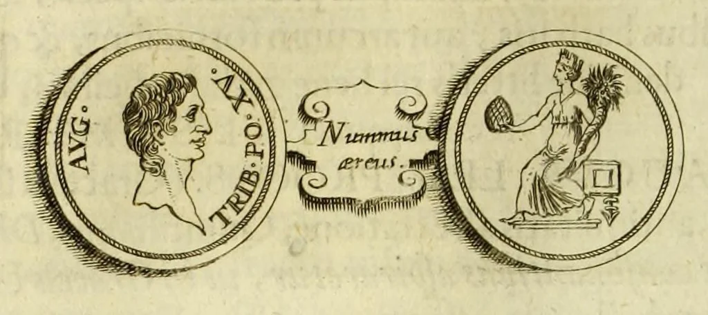 An illustration from Marci Velseri, Matthaei F. Ant. N. Reip. Augustanae quondam duumviri, Opera historica et philologica, sacra et profana. : In quibus historia boica, res Augustinae, conversio & passio SS. martyrum, Afrae, Hilariae, Dignae, Eunomiae, Eutropiae, vitae S. Udalrici, & S. Severini, narratio eorum, quae contigerunt Apollonio Tyrio, tabulae Peutingerianae integrae, epistolae ad viros illustres Latinae Italicaeque, & proteus satyra continentur., 1682, leaf 424