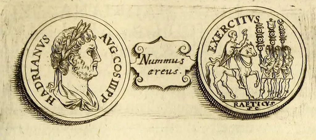 An illustration from Marci Velseri, Matthaei F. Ant. N. Reip. Augustanae quondam duumviri, Opera historica et philologica, sacra et profana. : In quibus historia boica, res Augustinae, conversio & passio SS. martyrum, Afrae, Hilariae, Dignae, Eunomiae, Eutropiae, vitae S. Udalrici, & S. Severini, narratio eorum, quae contigerunt Apollonio Tyrio, tabulae Peutingerianae integrae, epistolae ad viros illustres Latinae Italicaeque, & proteus satyra continentur., 1682, leaf 437