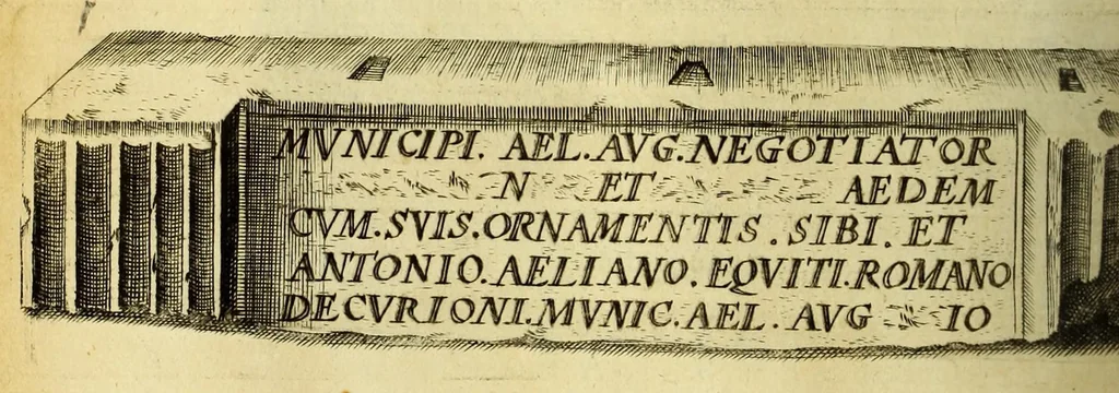 An illustration from Marci Velseri, Matthaei F. Ant. N. Reip. Augustanae quondam duumviri, Opera historica et philologica, sacra et profana. : In quibus historia boica, res Augustinae, conversio & passio SS. martyrum, Afrae, Hilariae, Dignae, Eunomiae, Eutropiae, vitae S. Udalrici, & S. Severini, narratio eorum, quae contigerunt Apollonio Tyrio, tabulae Peutingerianae integrae, epistolae ad viros illustres Latinae Italicaeque, & proteus satyra continentur., 1682, leaf 510