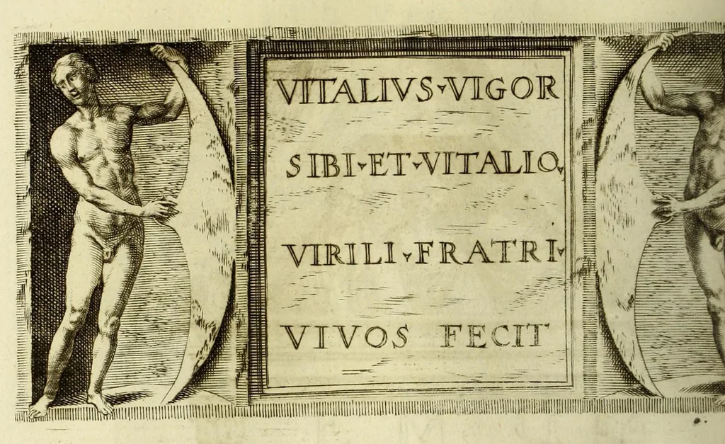 An illustration from Marci Velseri, Matthaei F. Ant. N. Reip. Augustanae quondam duumviri, Opera historica et philologica, sacra et profana. : In quibus historia boica, res Augustinae, conversio & passio SS. martyrum, Afrae, Hilariae, Dignae, Eunomiae, Eutropiae, vitae S. Udalrici, & S. Severini, narratio eorum, quae contigerunt Apollonio Tyrio, tabulae Peutingerianae integrae, epistolae ad viros illustres Latinae Italicaeque, & proteus satyra continentur., 1682, leaf 518