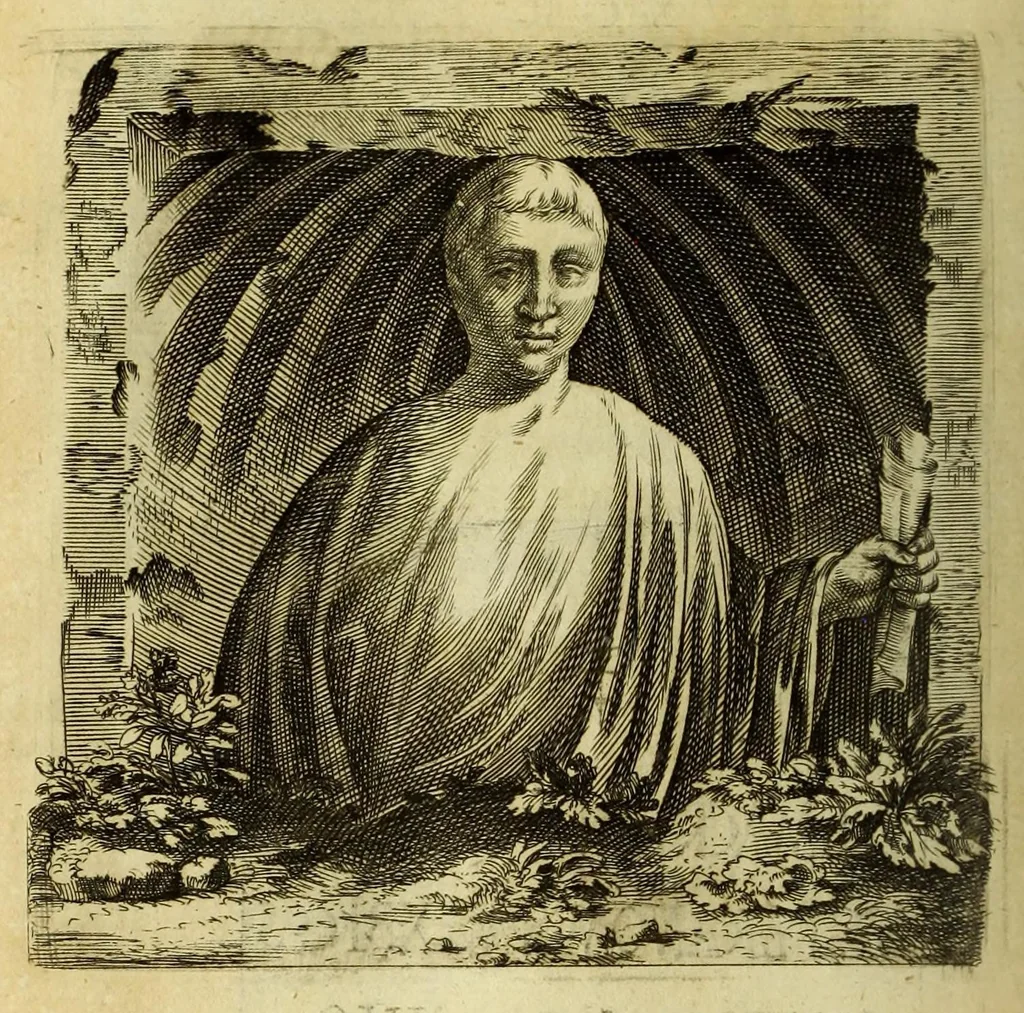 An illustration from Marci Velseri, Matthaei F. Ant. N. Reip. Augustanae quondam duumviri, Opera historica et philologica, sacra et profana. : In quibus historia boica, res Augustinae, conversio & passio SS. martyrum, Afrae, Hilariae, Dignae, Eunomiae, Eutropiae, vitae S. Udalrici, & S. Severini, narratio eorum, quae contigerunt Apollonio Tyrio, tabulae Peutingerianae integrae, epistolae ad viros illustres Latinae Italicaeque, & proteus satyra continentur., 1682, leaf 526