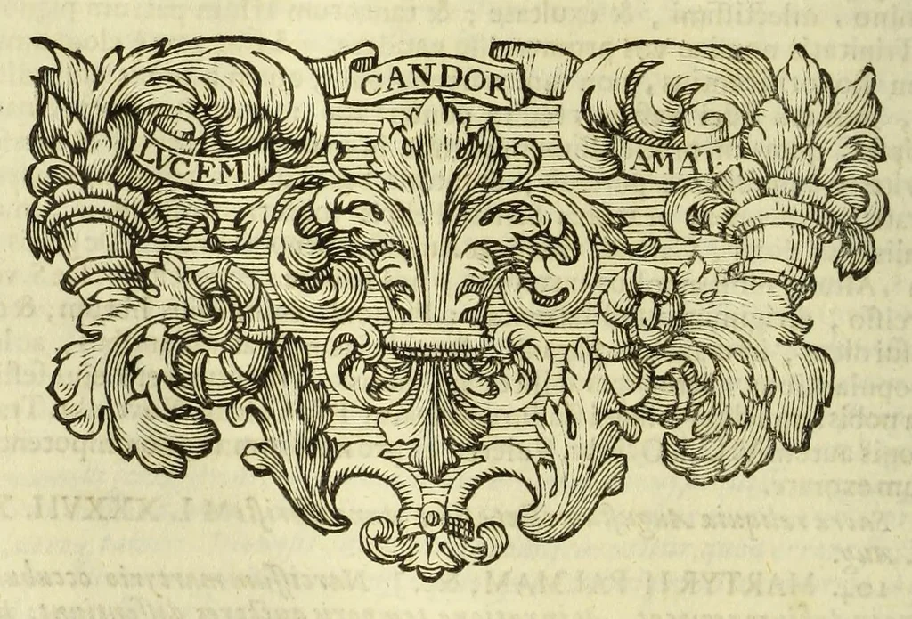 An illustration from Marci Velseri, Matthaei F. Ant. N. Reip. Augustanae quondam duumviri, Opera historica et philologica, sacra et profana. : In quibus historia boica, res Augustinae, conversio & passio SS. martyrum, Afrae, Hilariae, Dignae, Eunomiae, Eutropiae, vitae S. Udalrici, & S. Severini, narratio eorum, quae contigerunt Apollonio Tyrio, tabulae Peutingerianae integrae, epistolae ad viros illustres Latinae Italicaeque, & proteus satyra continentur., 1682, leaf 614