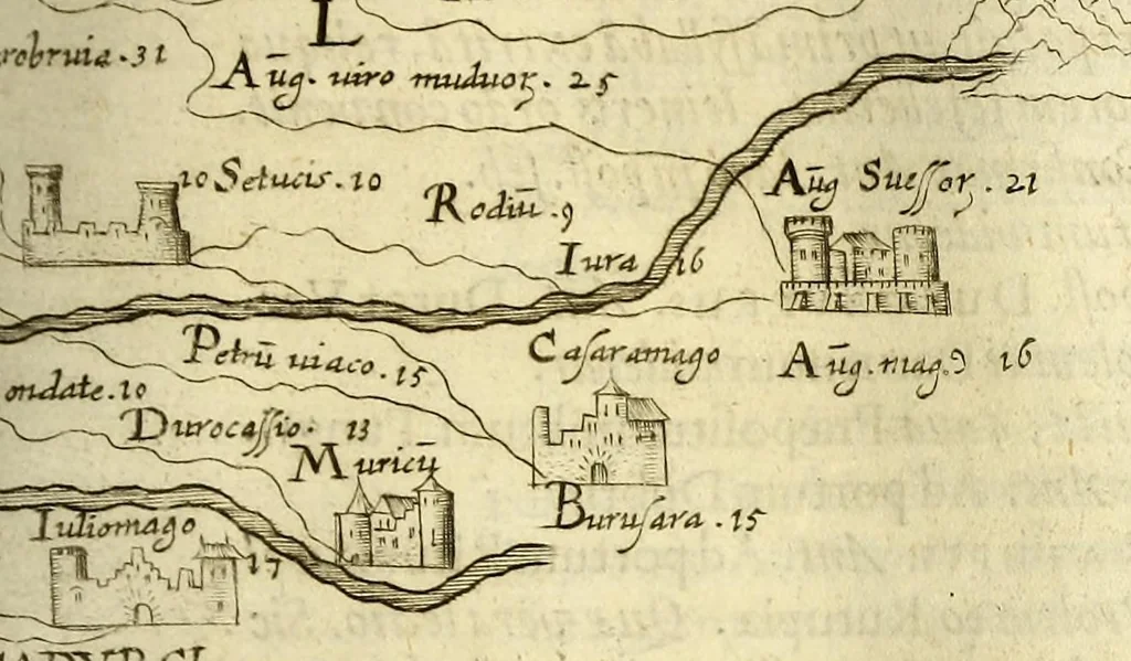 An illustration from Marci Velseri, Matthaei F. Ant. N. Reip. Augustanae quondam duumviri, Opera historica et philologica, sacra et profana. : In quibus historia boica, res Augustinae, conversio & passio SS. martyrum, Afrae, Hilariae, Dignae, Eunomiae, Eutropiae, vitae S. Udalrici, & S. Severini, narratio eorum, quae contigerunt Apollonio Tyrio, tabulae Peutingerianae integrae, epistolae ad viros illustres Latinae Italicaeque, & proteus satyra continentur., 1682, leaf 857