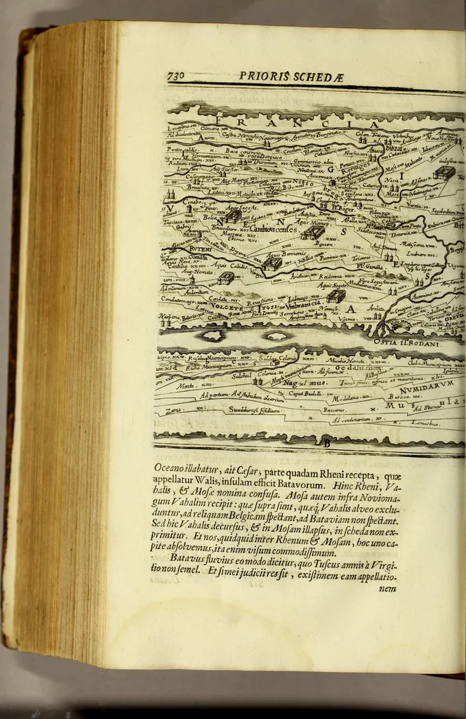 An illustration from Marci Velseri, Matthaei F. Ant. N. Reip. Augustanae quondam duumviri, Opera historica et philologica, sacra et profana. : In quibus historia boica, res Augustinae, conversio & passio SS. martyrum, Afrae, Hilariae, Dignae, Eunomiae, Eutropiae, vitae S. Udalrici, & S. Severini, narratio eorum, quae contigerunt Apollonio Tyrio, tabulae Peutingerianae integrae, epistolae ad viros illustres Latinae Italicaeque, & proteus satyra continentur., 1682, leaf 868
