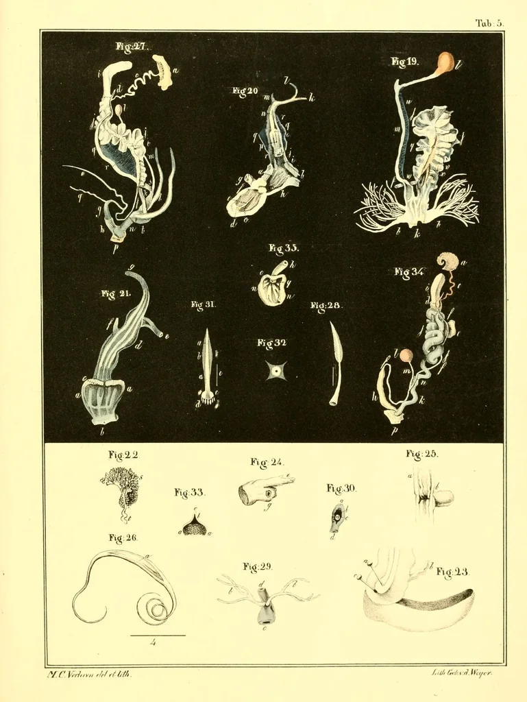 An illustration from Margareti Cornelii Verloren, Rheno-Trajectini : Responsio ad quaestionem zoölogicam, ab ordine nobilissimo disciplinarum mathematicarum et physicarum in Academia Lugduno-Batava A. MDCCCXXXVI propositam, 1837, leaf 75