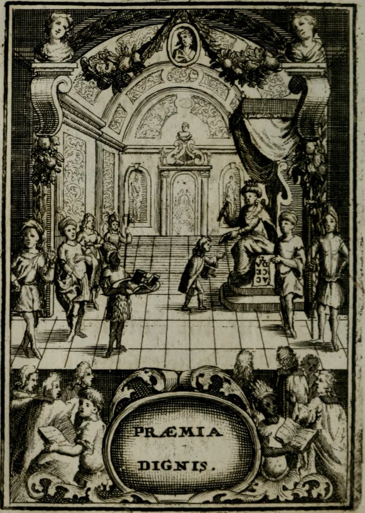 An illustration from Mariae höchst-wunderbarliche und ohne alle Sünden-Mackl gnaden-reich beschehene Empfängnuss : in hunderterley Sinn-Bildern vorgestellet, mit minder ... durch gleich-lauffende Vers deutlich erkläret : anbey mit einer anmüthigen Melodey versehen .., 1712, leaf 107