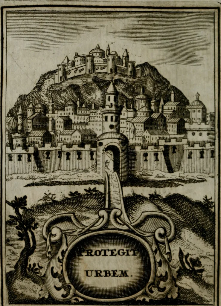 An illustration from Mariae höchst-wunderbarliche und ohne alle Sünden-Mackl gnaden-reich beschehene Empfängnuss : in hunderterley Sinn-Bildern vorgestellet, mit minder ... durch gleich-lauffende Vers deutlich erkläret : anbey mit einer anmüthigen Melodey versehen .., 1712, leaf 109