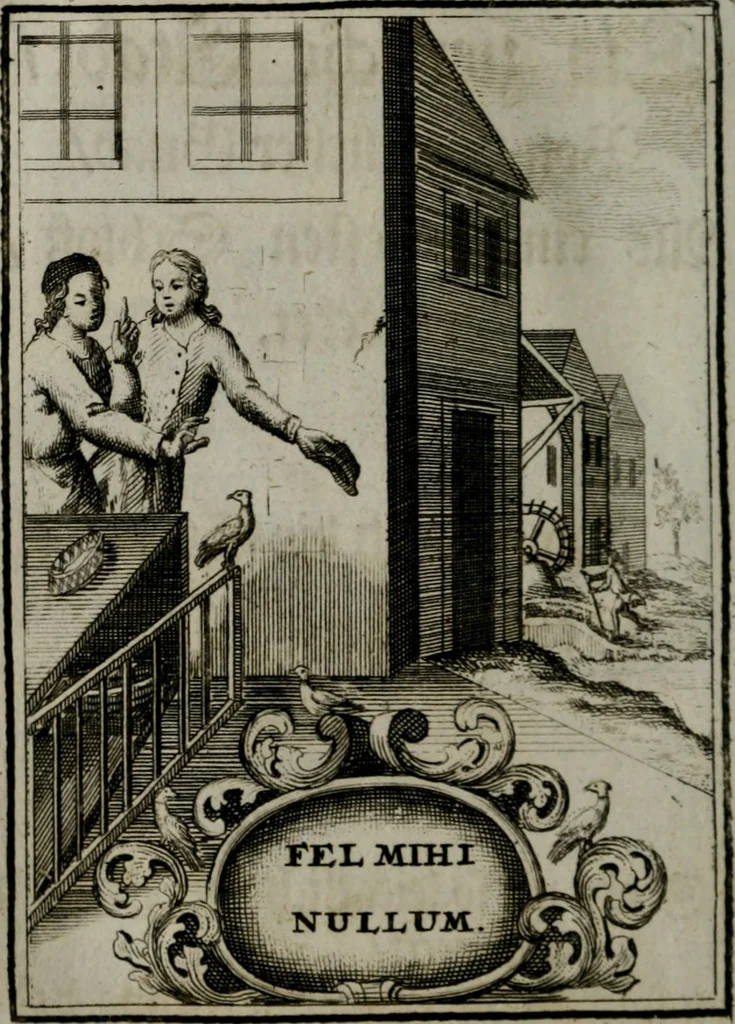An illustration from Mariae höchst-wunderbarliche und ohne alle Sünden-Mackl gnaden-reich beschehene Empfängnuss : in hunderterley Sinn-Bildern vorgestellet, mit minder ... durch gleich-lauffende Vers deutlich erkläret : anbey mit einer anmüthigen Melodey versehen .., 1712, leaf 111