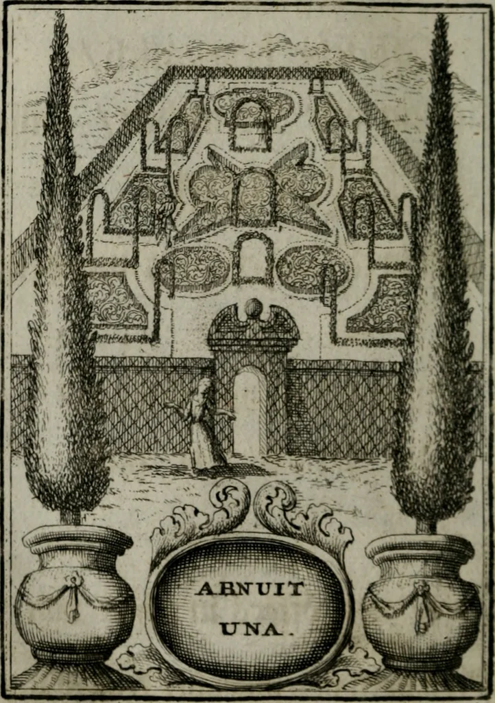 An illustration from Mariae höchst-wunderbarliche und ohne alle Sünden-Mackl gnaden-reich beschehene Empfängnuss : in hunderterley Sinn-Bildern vorgestellet, mit minder ... durch gleich-lauffende Vers deutlich erkläret : anbey mit einer anmüthigen Melodey versehen .., 1712, leaf 117