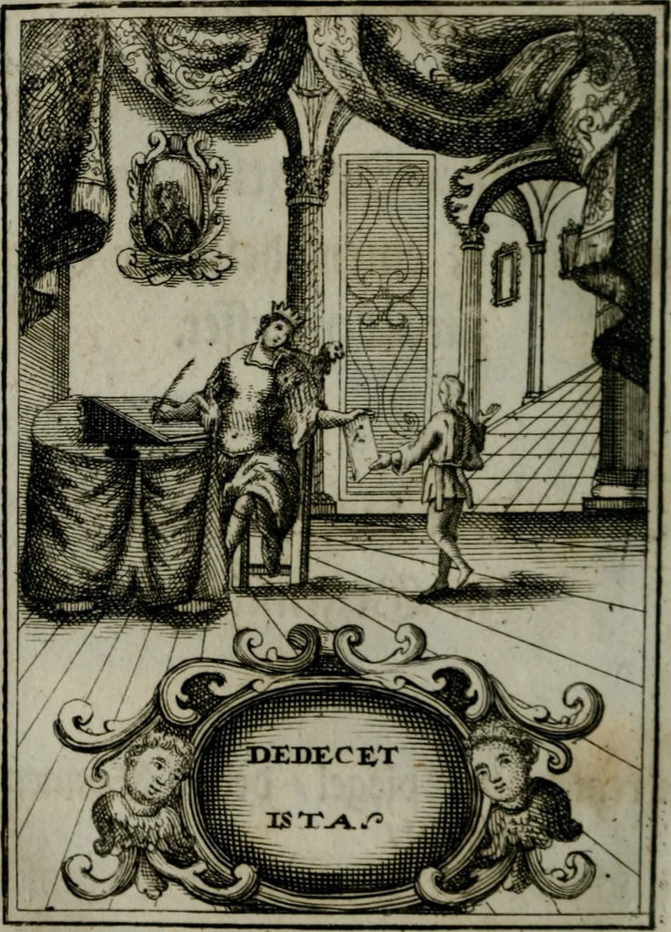 An illustration from Mariae höchst-wunderbarliche und ohne alle Sünden-Mackl gnaden-reich beschehene Empfängnuss : in hunderterley Sinn-Bildern vorgestellet, mit minder ... durch gleich-lauffende Vers deutlich erkläret : anbey mit einer anmüthigen Melodey versehen .., 1712, leaf 133