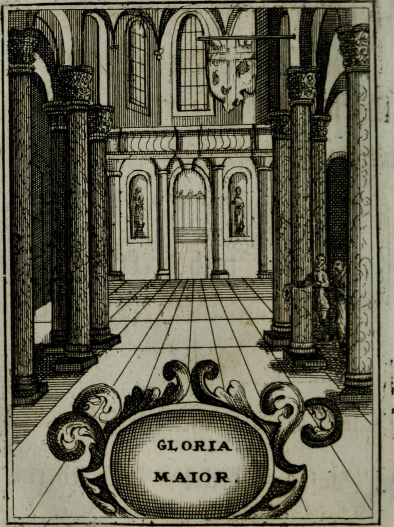 An illustration from Mariae höchst-wunderbarliche und ohne alle Sünden-Mackl gnaden-reich beschehene Empfängnuss : in hunderterley Sinn-Bildern vorgestellet, mit minder ... durch gleich-lauffende Vers deutlich erkläret : anbey mit einer anmüthigen Melodey versehen .., 1712, leaf 151
