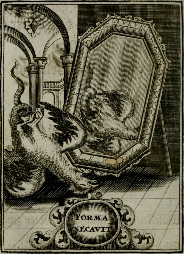 An illustration from Mariae höchst-wunderbarliche und ohne alle Sünden-Mackl gnaden-reich beschehene Empfängnuss : in hunderterley Sinn-Bildern vorgestellet, mit minder ... durch gleich-lauffende Vers deutlich erkläret : anbey mit einer anmüthigen Melodey versehen .., 1712, leaf 169